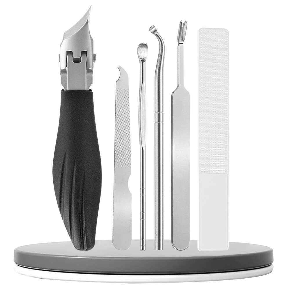Eagle Beak Slanted Nail Clippers for Thick & Ingrown Toenails, Wide Jaw Anti-Splash Angled Cutter, Cuticle Clippers for Seniors, 6-Piece Set