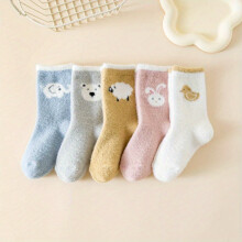 5-Pair Fleece-Lined Kids Socks – Soft Pastel, Cute Animal Patterns, Warm Mid-Calf, Unisex, Hand Wash Only