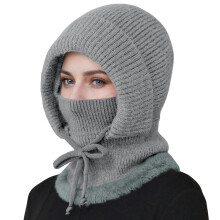 Winter hat scarf mask set for women fleece-lined knit grey