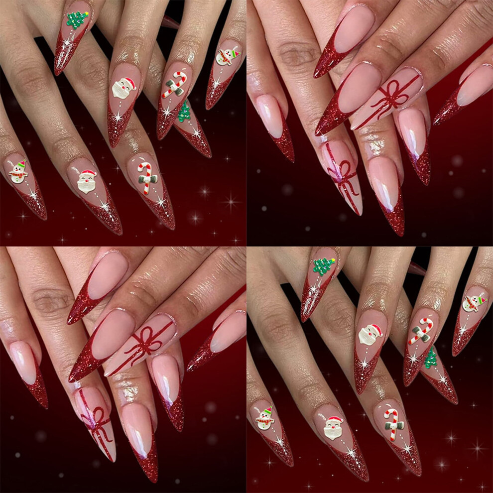 ABS 48PCS Christmas Wine Red French Glitters Snowflake Design Durability Fake Nails For Women Parties Event