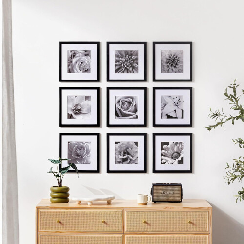 Conjunto de 9 molduras para fotos 12x12 polegadas, pretas.