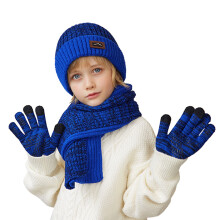 AWZXDE 4-10 Years Kids Winter Hat Scarf Gloves Set Outdoor Warm Thickened Lined Knit Wool Cap Warm Set for Children Cold Weather Blue