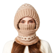 Women's 3-in-1 Knit Hat Scarf Set Color Block Winter Neck Warmer Outdoor Windproof Cold Weather Hat Khaki One Size