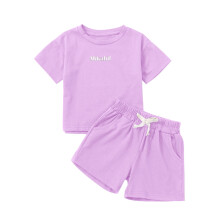 AWZXDE Boys Set Custom Name Embroidery Warm Weather Small Medium Kids Cotton Short Sleeve Shorts Solid Individualized Clothing Purple,3-4 Years