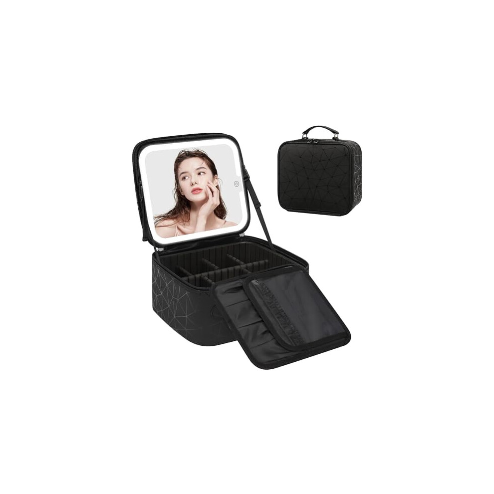 Black Led Makeup Bag For Women, Waterproof Travel Case With 3-Color Mirror & Detachable Dividers Â Stripe, Compatible With All Standard Cosmetics