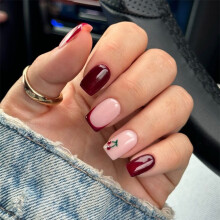 Short Square Fakes Nails French Wine Red Cherrys Design ABS Materials For Daily Wear
