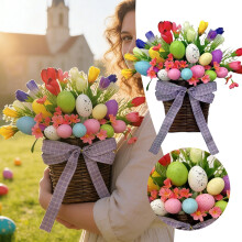 14" Wildflowers Easter Door Hanging Basket Spring Front Door Wreaths for Porch Farmhouse Decor Artificial Spring Flowers Hanging Ornament