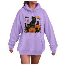 Oversized Halloween hoodies voor dames met ronde hals, lange mouwen en print van heksen, pompoenen, vleermuizen en spoken, paars, XXXL