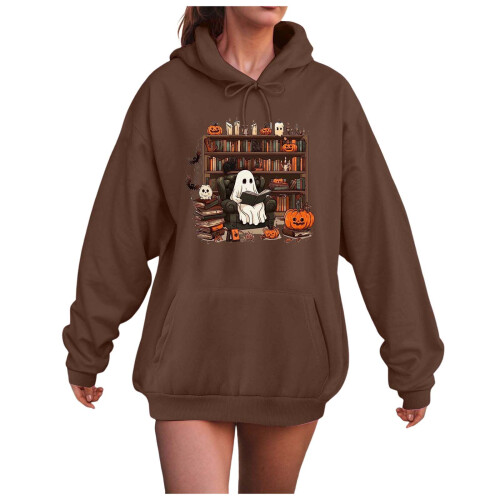Γυναικεία oversized φούτερ με κουκούλα για το Halloween με στρογγυλή λαιμόκοψη και μακριά