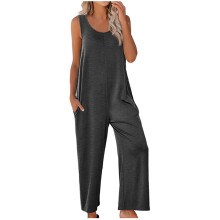 Ärmlösa jumpsuits för kvinnor Casual sommar Rund hals Linne Rompers Vida ben Byxor Overall Tröjor med fickor