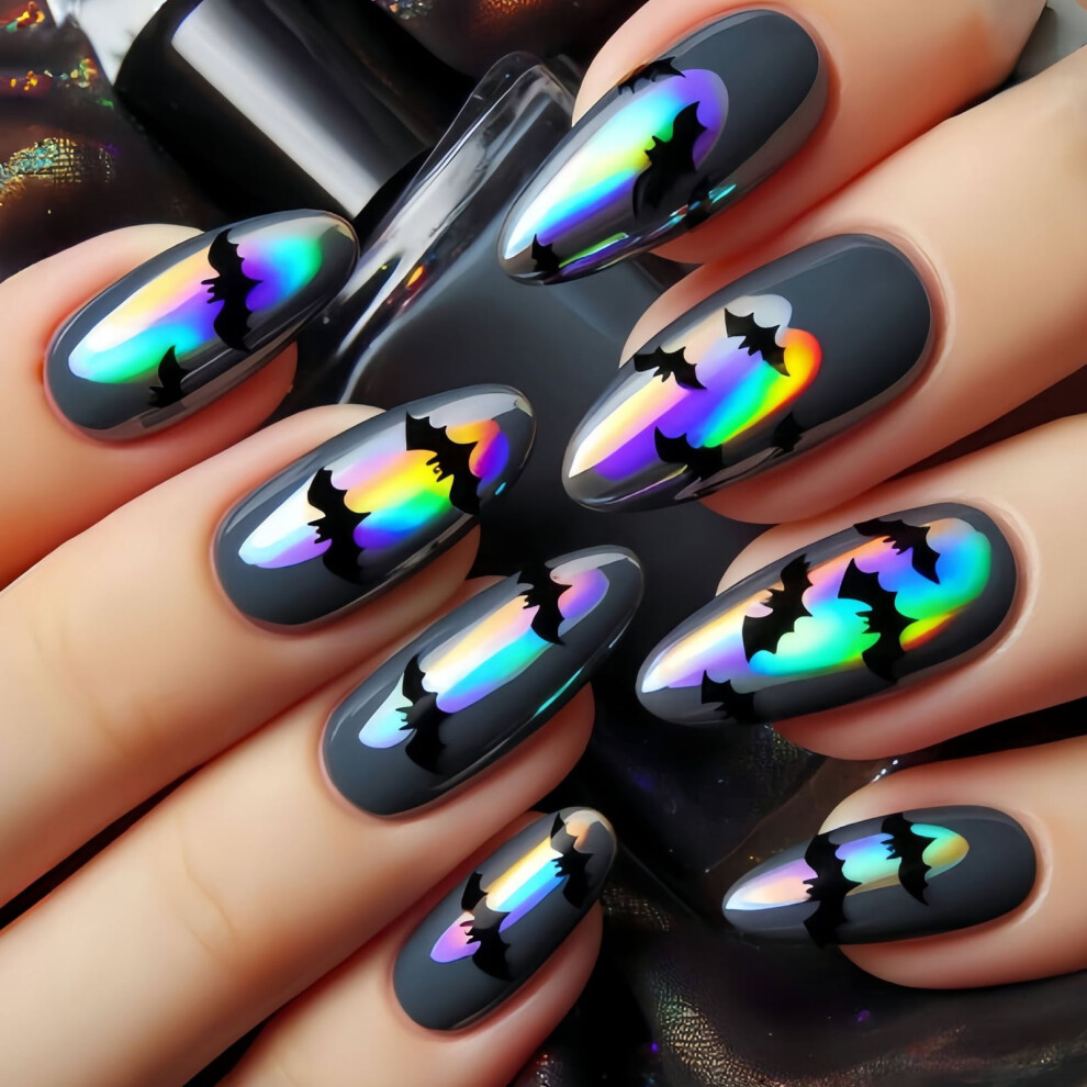 Light Abs Halloween False Nails 24Pieces Bat Pumpkin Art Almond Fake Nails For Women Party Wear Durability