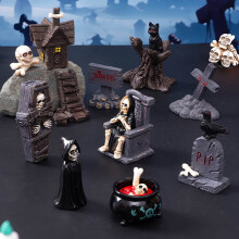 Lot de 19 mini-figurines d'Halloween : crânes, corbeaux, pierres tombales – Décorations en résine pour cadeaux d'invités et décoration de