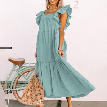 Maxikleid für Damen mit Rüschen, kurzen Ärmeln, Falten und fließendem Schnitt