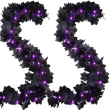 2 stuks zwarte Halloween-slinger met lichtsnoer, 3,5 meter, 60 LED-lampjes in de vorm van esdoornbladeren, werkt op batterijen en heeft paarse