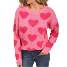 Pull-over femme à motif cœur, coupe ample, col rond, manches longues, en maille, idéal pour l'automne et l'hiver