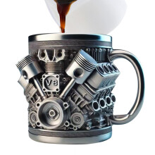 Mug à café en acier inoxydable avec motif moteur V8 – Convient pour une utilisation en atelier, au garage et à la maison