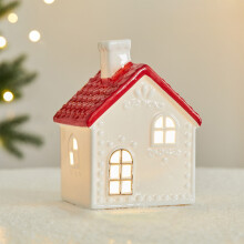 Conjunto de 1 peça de vila natalina em cerâmica vermelha com casinha de Natal, decoração alegre em estilo Art Déco para um Natal aconchegante.