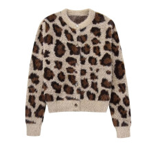 Damen-Cardigan, kurz geschnitten, Strickpullover mit Leopardenmuster, Knopfleiste, lange Ärmel, warm und flauschig, perfekt für Herbst und Winter.