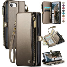 16E Case Wallet with RFID Blocking, PU Leather Snap Flip Wrist Strap Zipper Wallet for iPhone 16e 2025, Desert Titanium
