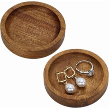2 PCS Acacia Wood Ring Trays 2.76inch Diameter Flat Round Wood Jewelry Plates Camel Color Trinket Dish Tray
