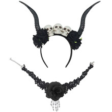 Diadema de cuernos de Halloween con diseño de calavera de rosa diabólica
