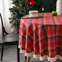 Nappe à carreaux verts de Noël en mélange coton et lin - Lavable en machine - Décoration de table pour la cuisine et la salle à manger (Rouge)