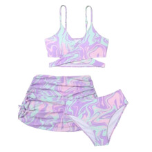 AWZXDE Girls Bikini 3 Piece Set Fashion Print High Waist Bathing Suit With Cover Up For Big Girls And Kids Light Purple