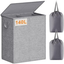 140L 2-Section Laundry Hamper with Lid, Removable Liner Bags & Collapsible Design – Grey