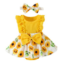 AWZXDE Girls Dresses Girls Sleeveless Floral Print Romper Bodysuit With Headbands For Children Long Dresses Yellow,0-3 Months