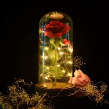 Rosa de seda roja preservada en cúpula de cristal con luces LED y base de pino: regalo romántico de decoración para el hogar para mamá, San