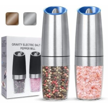 Gravity Electric Salt & Pepper Grinder Set (2-Pack, Silver), Adjustable Coarseness, Battery-Powered with LED Light, Compatible with AAA Batteries