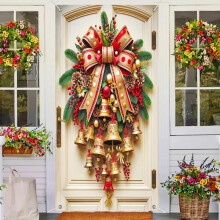 Bannière de porte de Noël, branche de pin verte, nœud rouge, fond suspendu, décoration photo, 178 x 89 cm, décoration hivernale extérieure