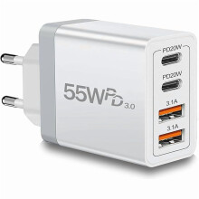 Adaptor de călătorie USB-C UE cu 4 porturi, 55W – Compatibil cu iPhone 16–8, Galaxy și Android