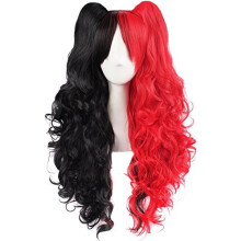 Perruque cosplay Lolita multicolore à longs cheveux bouclés avec queues de cheval à clipser (noir/rouge)