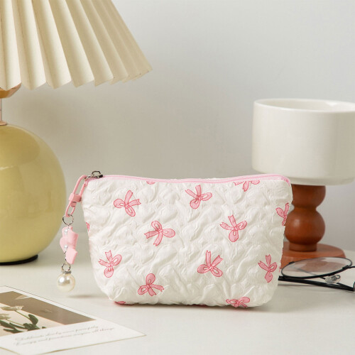 Φορητή τσάντα μακιγιάζ Coquette Floral Bow, καπιτονέ τσάντα καλλυντικών με τόξο, μικρή