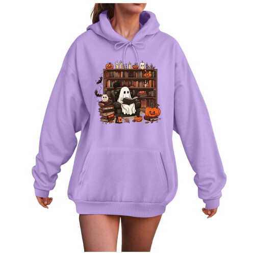 Γυναικεία oversized φούτερ με κουκούλα για το Halloween με στρογγυλή λαιμόκοψη και μακριά