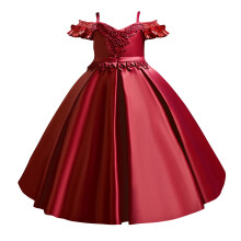 Girls' Deep Red Princess Ball Gown Off-Shoulder Satin