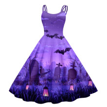 Halloween-Kostüme für Damen: Vintage 50er Jahre Spaghetti-Träger-Kleid mit Kürbisprint, A-Linien-Schaukelkleid, Cocktailkleid, Teeparty-Kleid