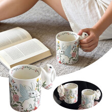 Rabbit Ceramic Coffee Mug, Easter Decor Flower Rabbit Coffee Cup Ceramic Souvenir Gifts Easter Decorations for Home