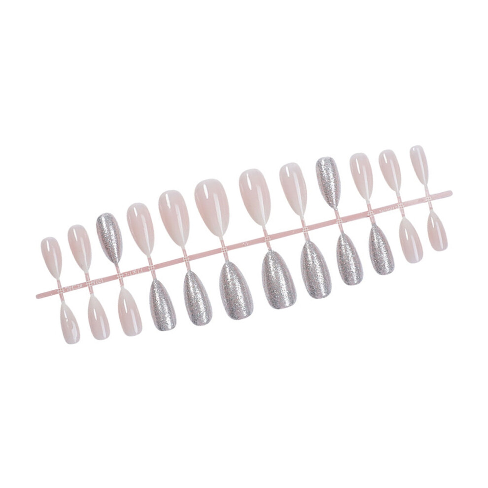 24 Pieces Acrylic Almond False Nails Glossy Glitters Designs Artificial Nails for Easy Application