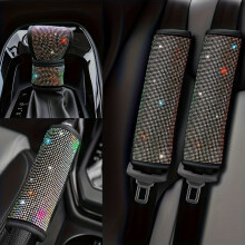 Four-Piece Car Seat Belt Shoulder Pad, Gear Shift Cover, Handbrake Cover Interior Set with Rhinestone Embellishments