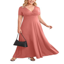 Dam Plus Size V-ringad Kortärmad Aftonklänning Elegant Festklänning Maxiklänning