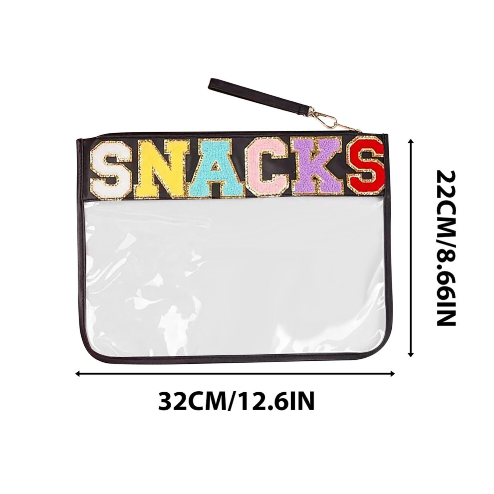 Snack Bag for Travel - Clear Chenille Varsity Letter Flat Pouch with Zipper, Waterproof Clear Nylon Patch Makeup Cosmetic tote Bags for Women Teen