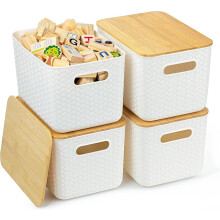 4-Pack Stackable Bamboo-Lid Storage Bins – White Plastic Organizers for Desk, Closet, Playroom, Classroom & Office