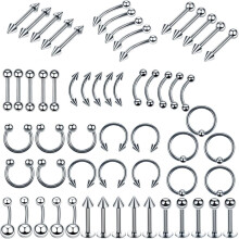 60 darabos testpiercing készlet: 16G orr-, ajak-, nyelv-, porc-, tragus-, szemöldök-, ipari és haspiercing – rozsdamentes acél –
