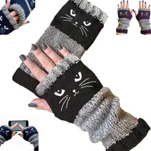 Fingerlose Handschuhe mit Katzenstickerei für Damen, warm gestrickt