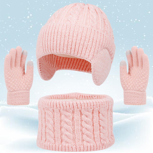Set invernale per bambini composto da cappello, sciarpa e guanti in maglia – Caldo e foderato, touchscreen, morbido e spesso, 3 pezzi per 1