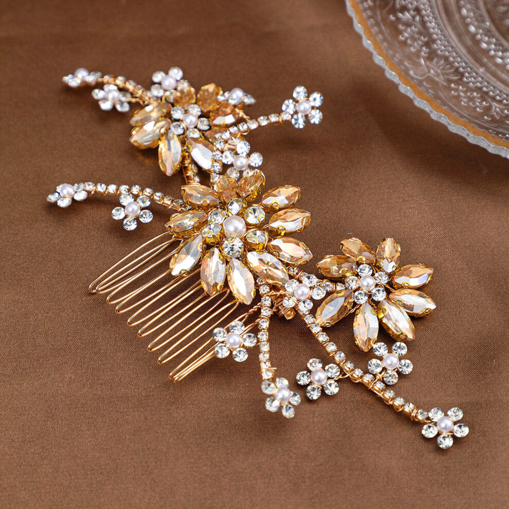 Dcph-Clothing (Champagne) Pearl Crystal Bridal Hair Comb - Elegant Alloy Barrette