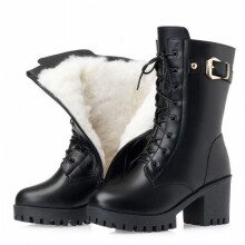 (Black, 37) Women\'s Block Heel Lace-Up Boots - PU Leather