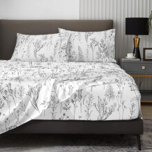 Blomsterprintede twin-lagner, 45 cm dybe lommer, 1800TC sort-hvidt bladdesign, blødt og åndbart, OEKO-TEX-certificeret, shabby chic-æstetik.